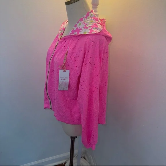 Loveshackfancy X Hurley Collaboration L Neon Pink Floral Eyelet Jacket Skirt Set